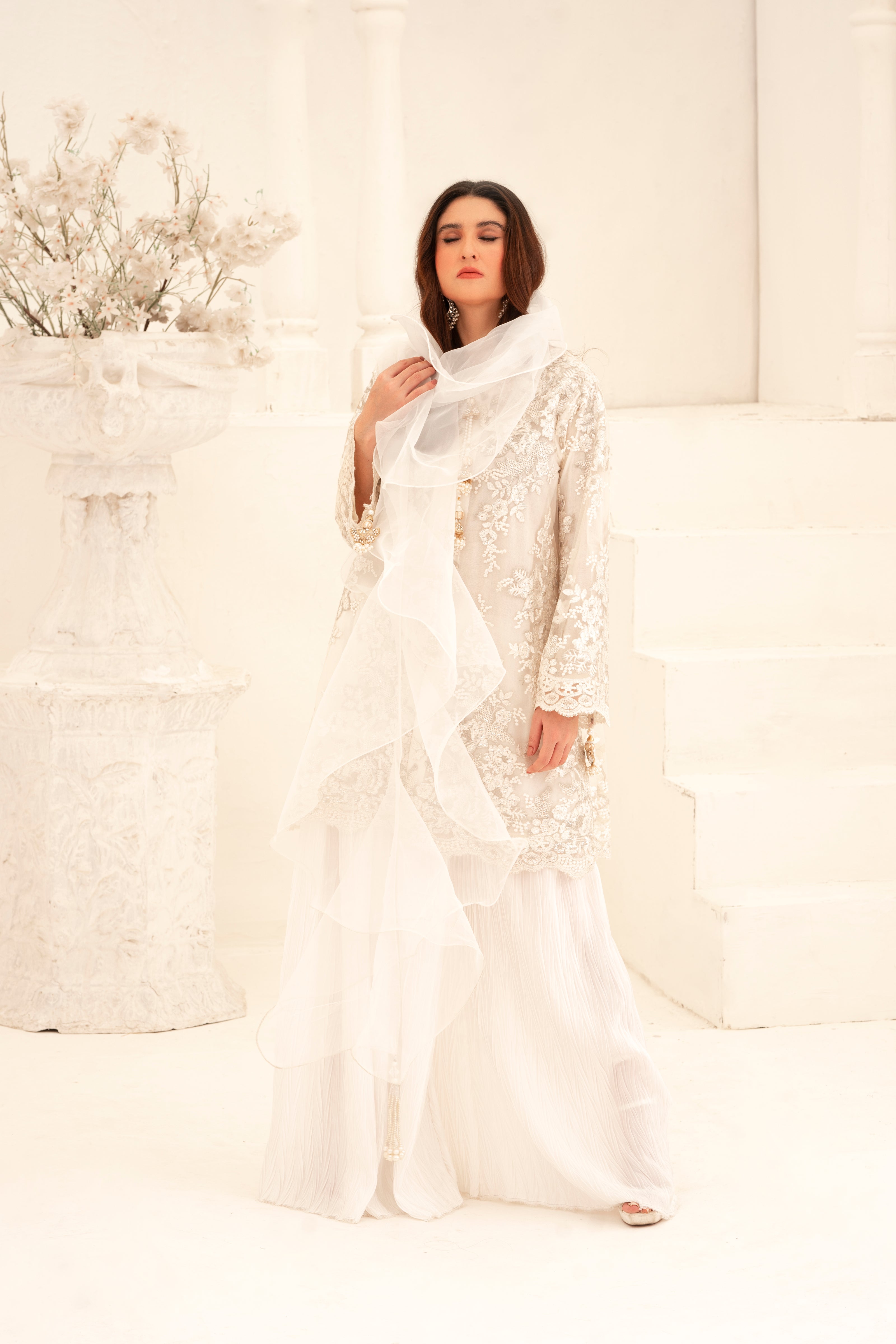White Pearl Tassel Shalwar Kameez