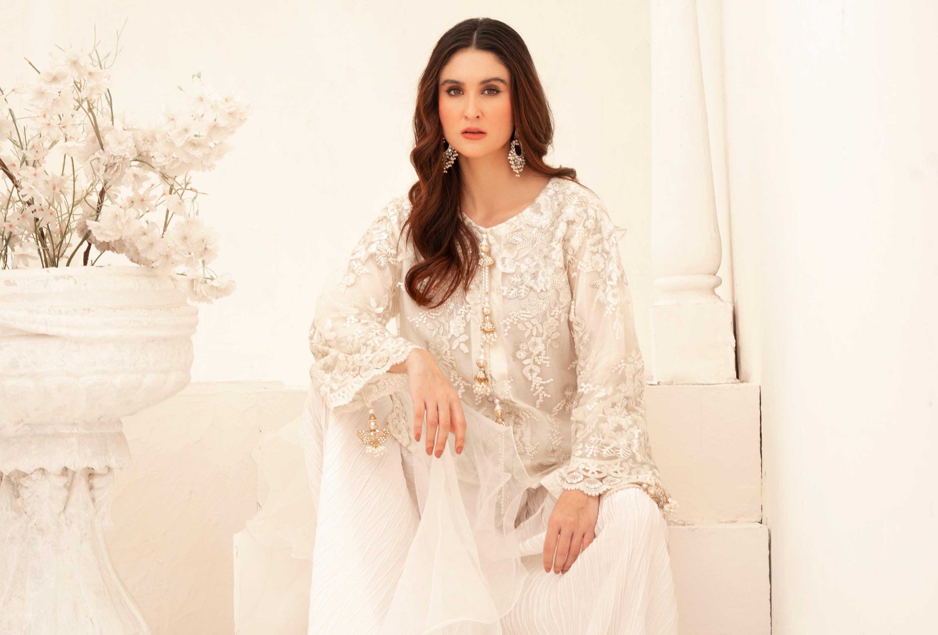 White Pearl Tassel Shalwar Kameez