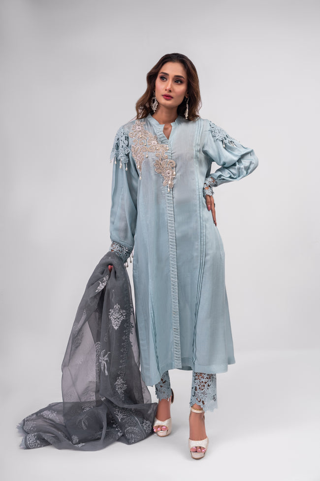 Ice Blue Cotton Silk Suit