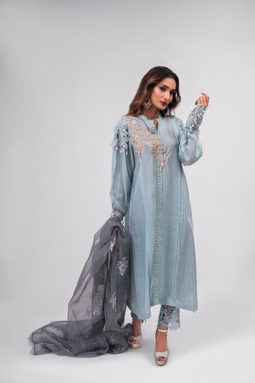 Ice Blue Cotton Silk Suit
