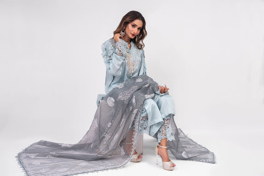 Ice Blue Cotton Silk Suit
