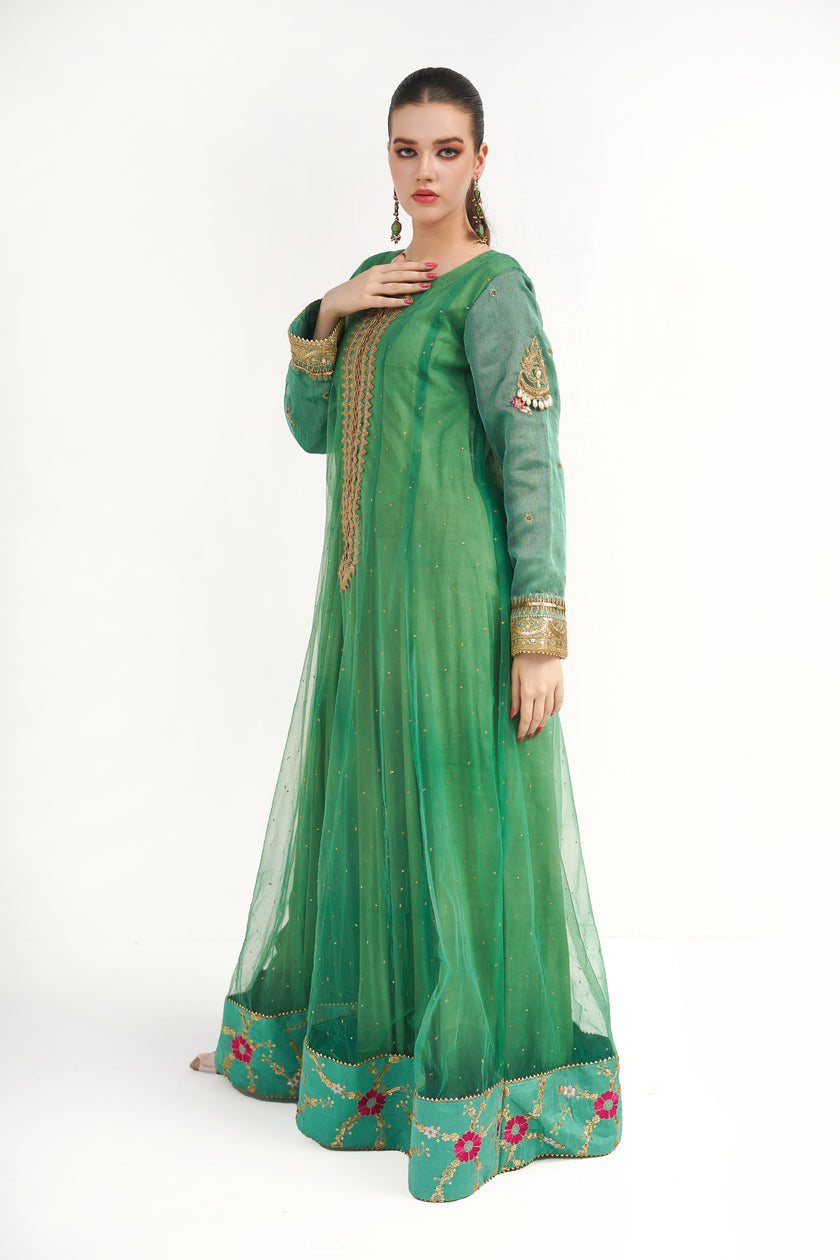 Green Net Floral Frock