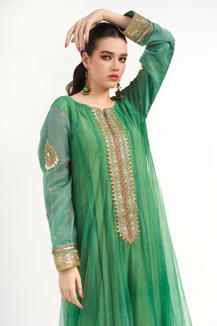 Green Net Floral Frock