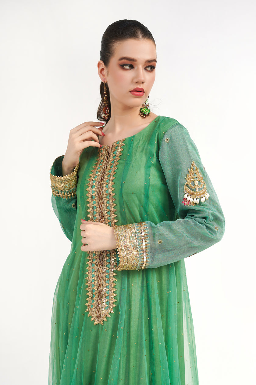 Green Net Floral Frock