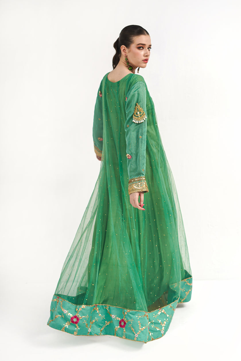 Green Net Floral Frock