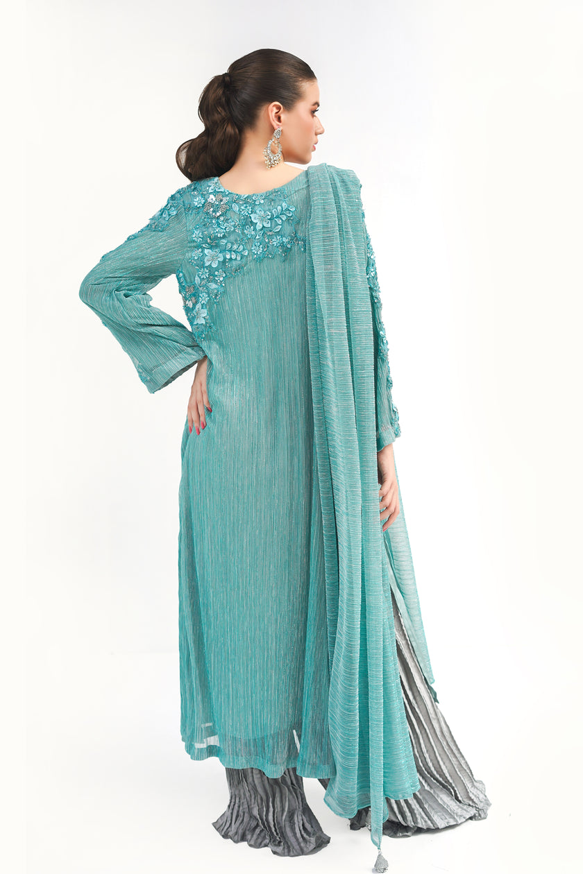 Sea Green Saree Style Shalwar Kameez
