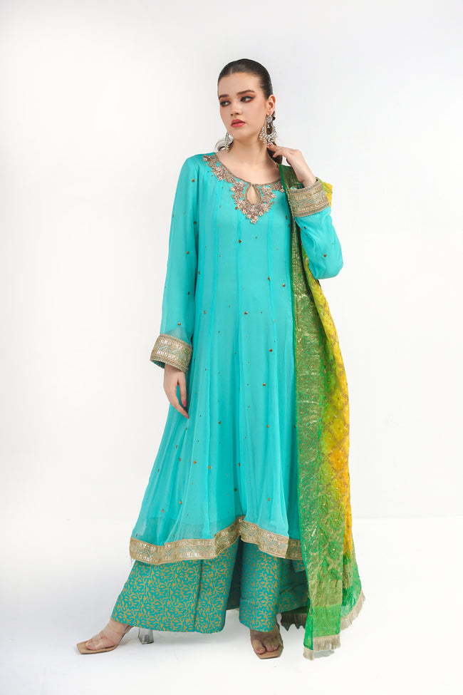 Blue Mukesh Chiffon Dress