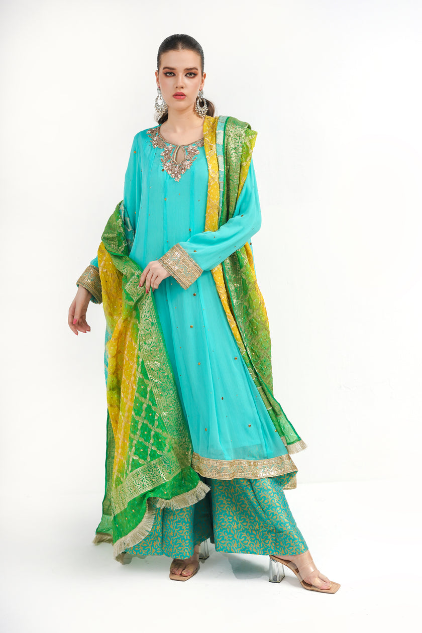 Blue Mukesh Chiffon Dress
