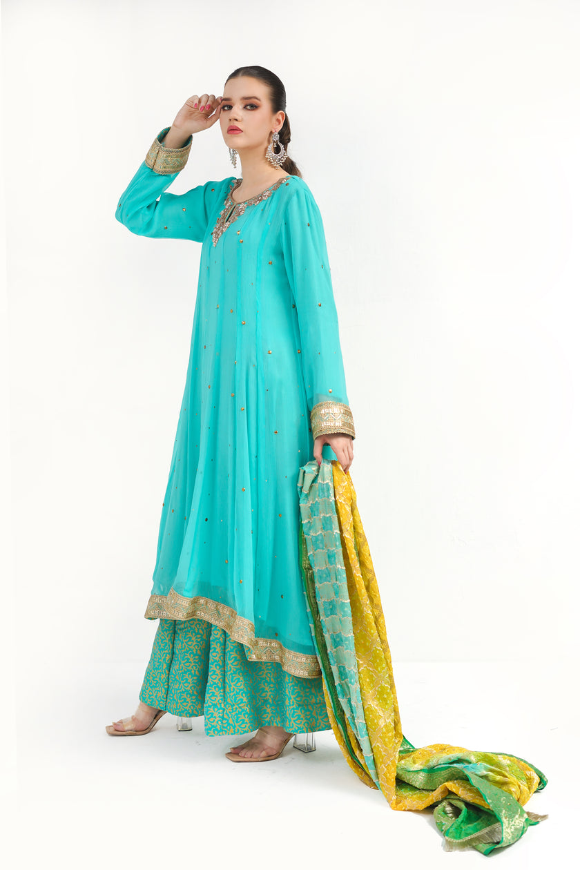 Blue Mukesh Chiffon Dress