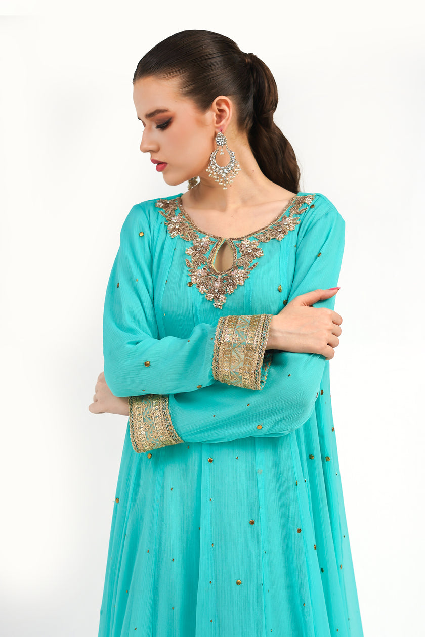 Blue Mukesh Chiffon Dress