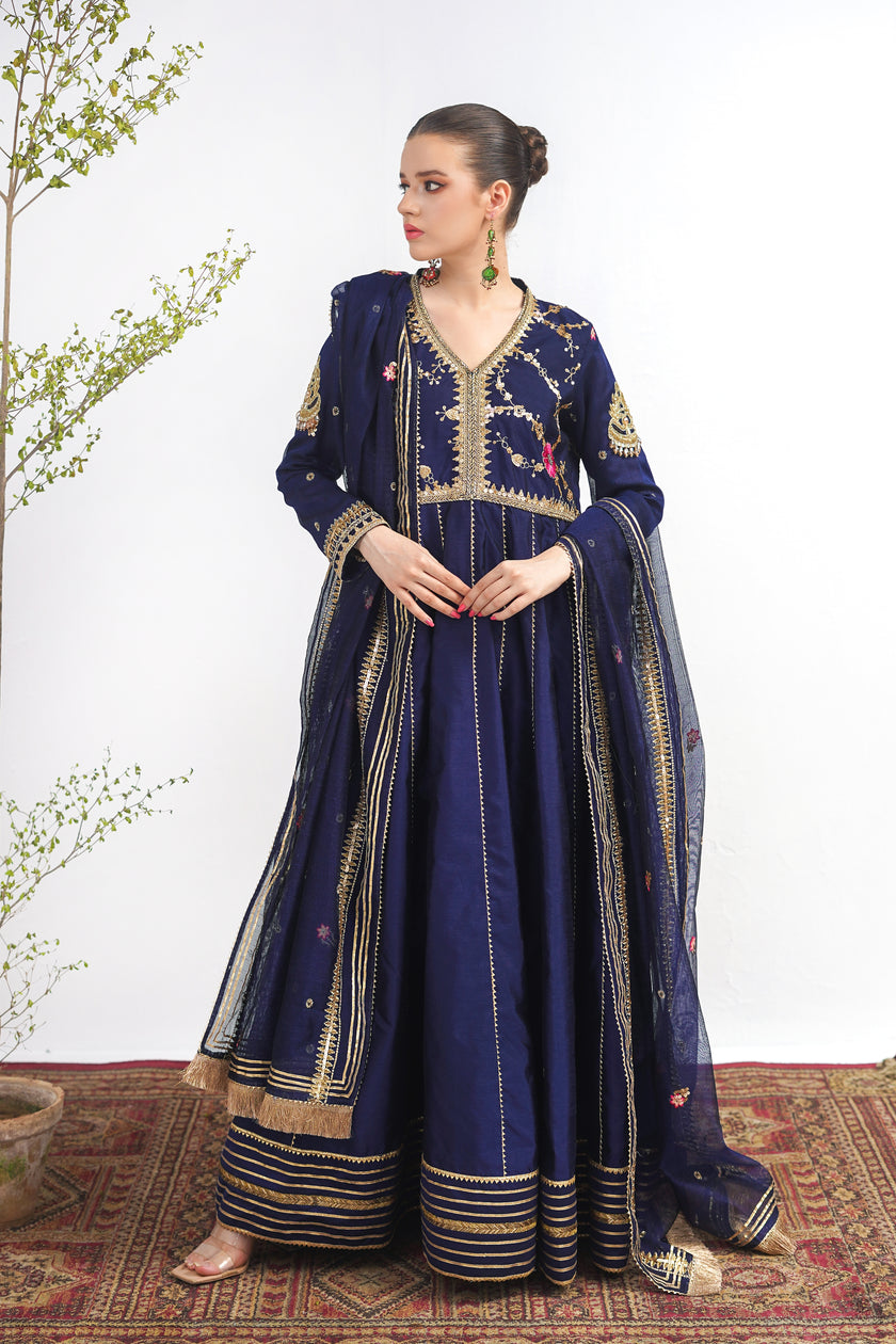 royal blue silk maxi dress pakistani Elegant Royal Blue Silk Evening Gown: Handcrafted Luxury Maxi Dress With Slit