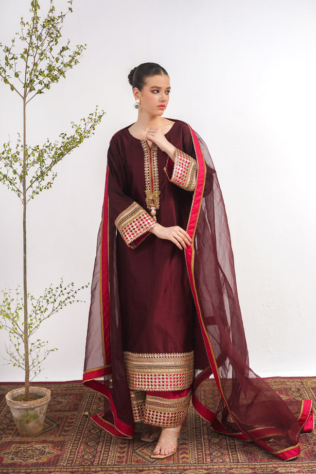 Maroon Raw Silk Kashmiri Suit