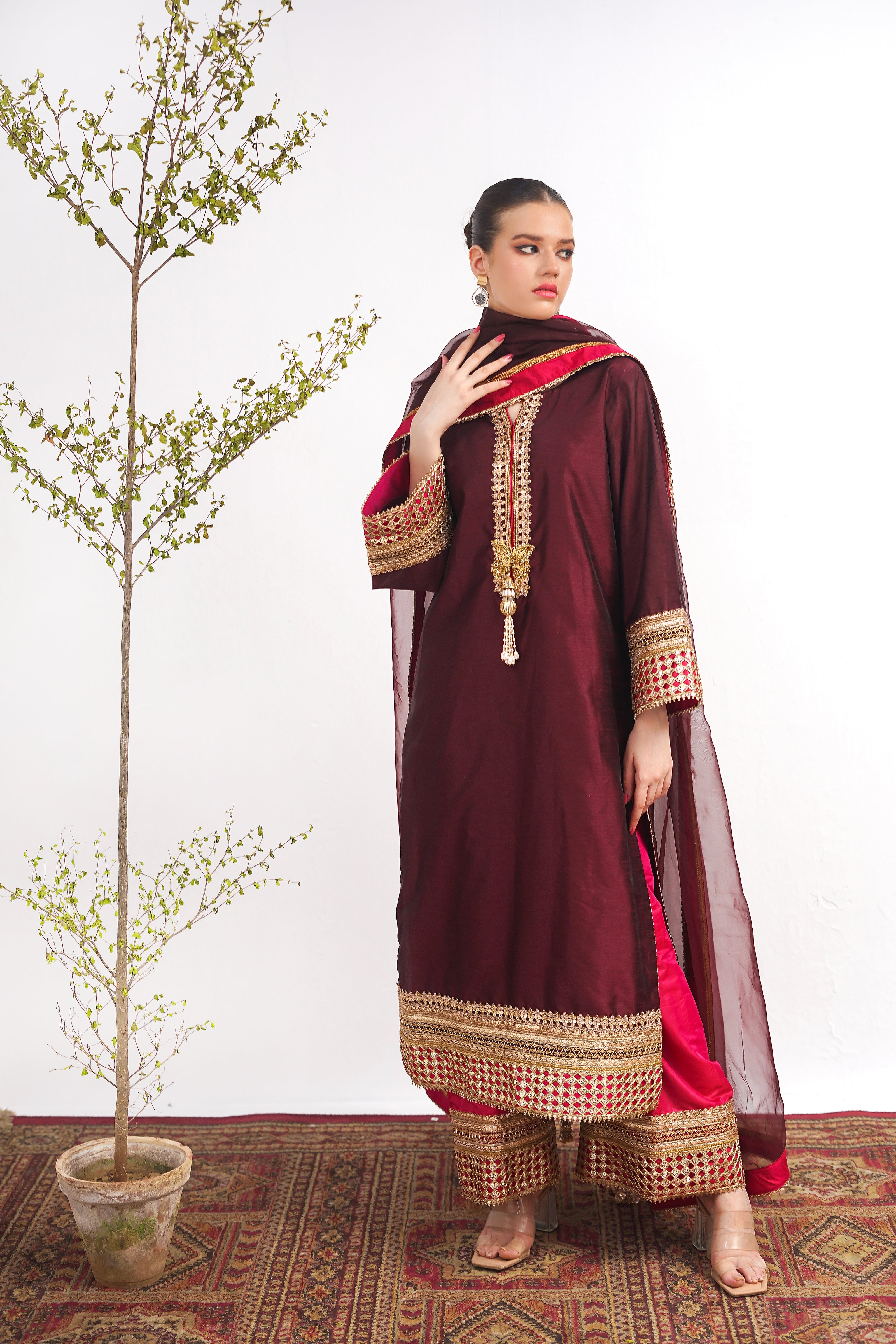 Maroon Raw Silk Kashmiri Suit