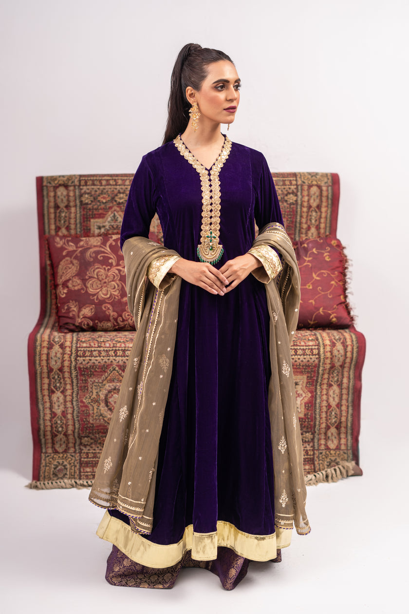 Purple A-Line Velvet Shalwar Kameez