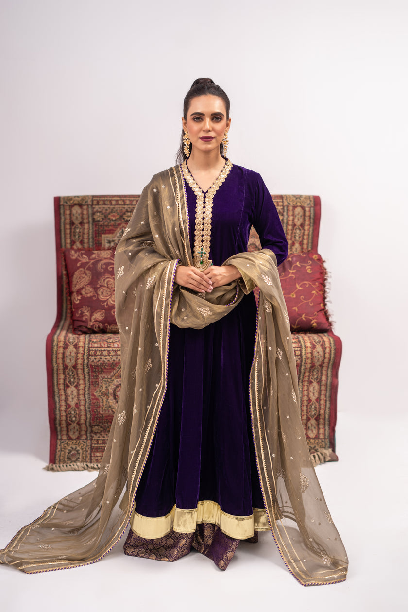 Purple A-Line Velvet Shalwar Kameez