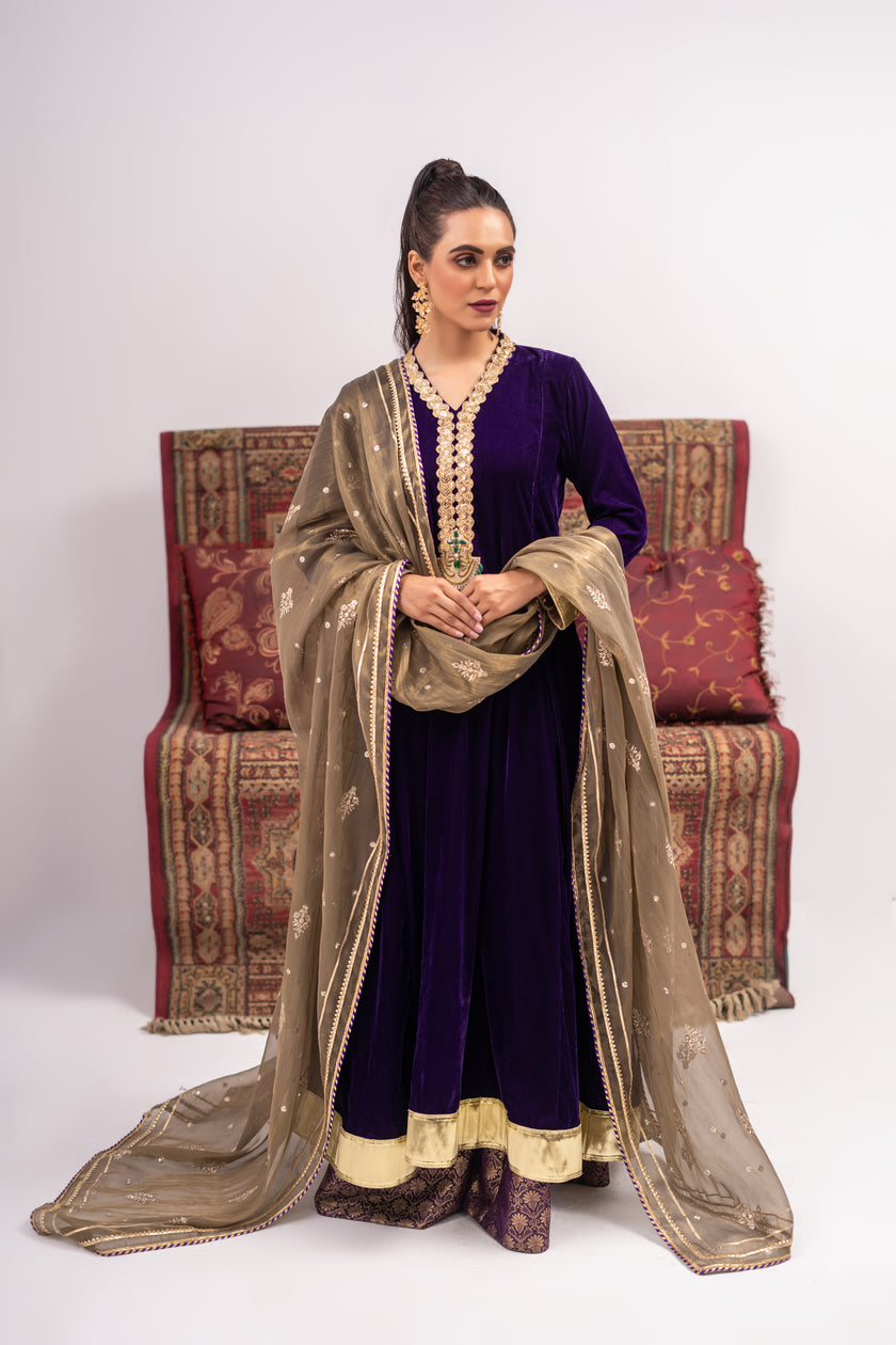 Purple A-Line Velvet Shalwar Kameez
