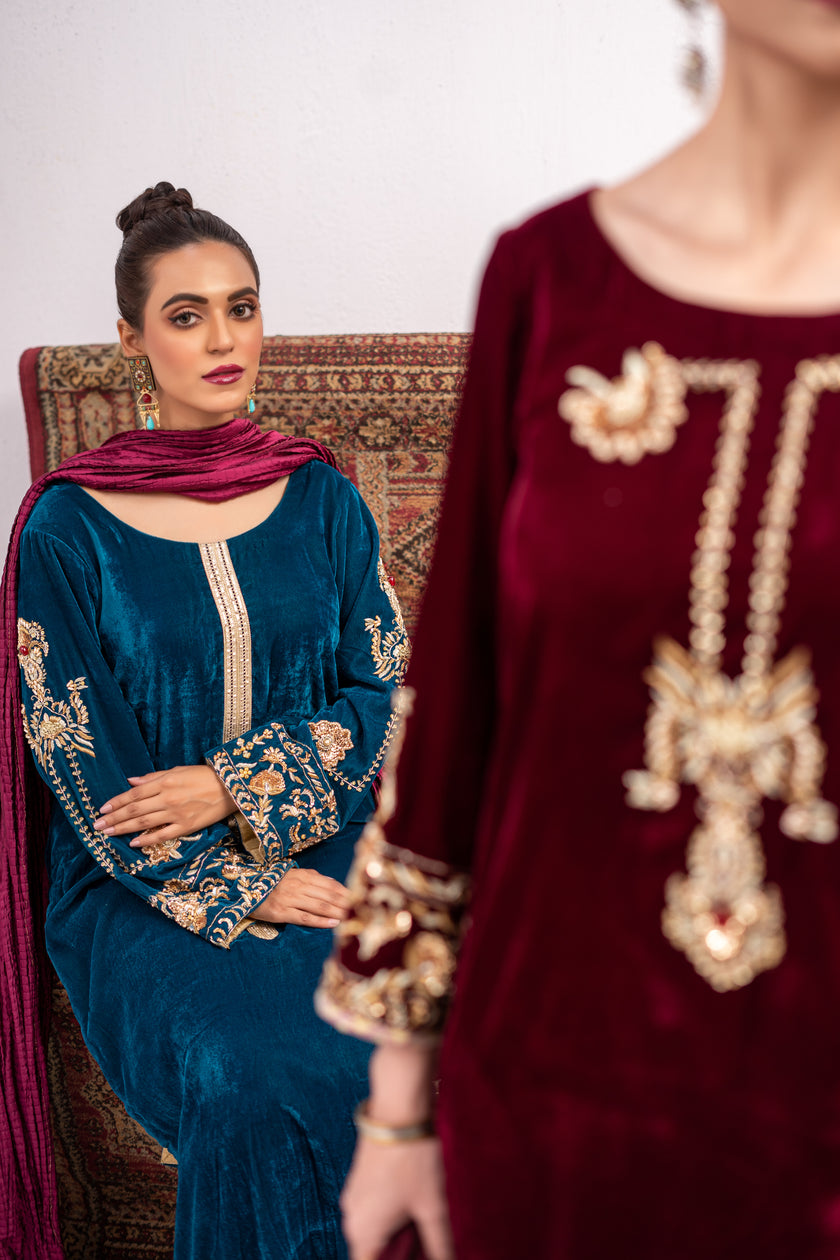 Teal and Pink Velvet Suit