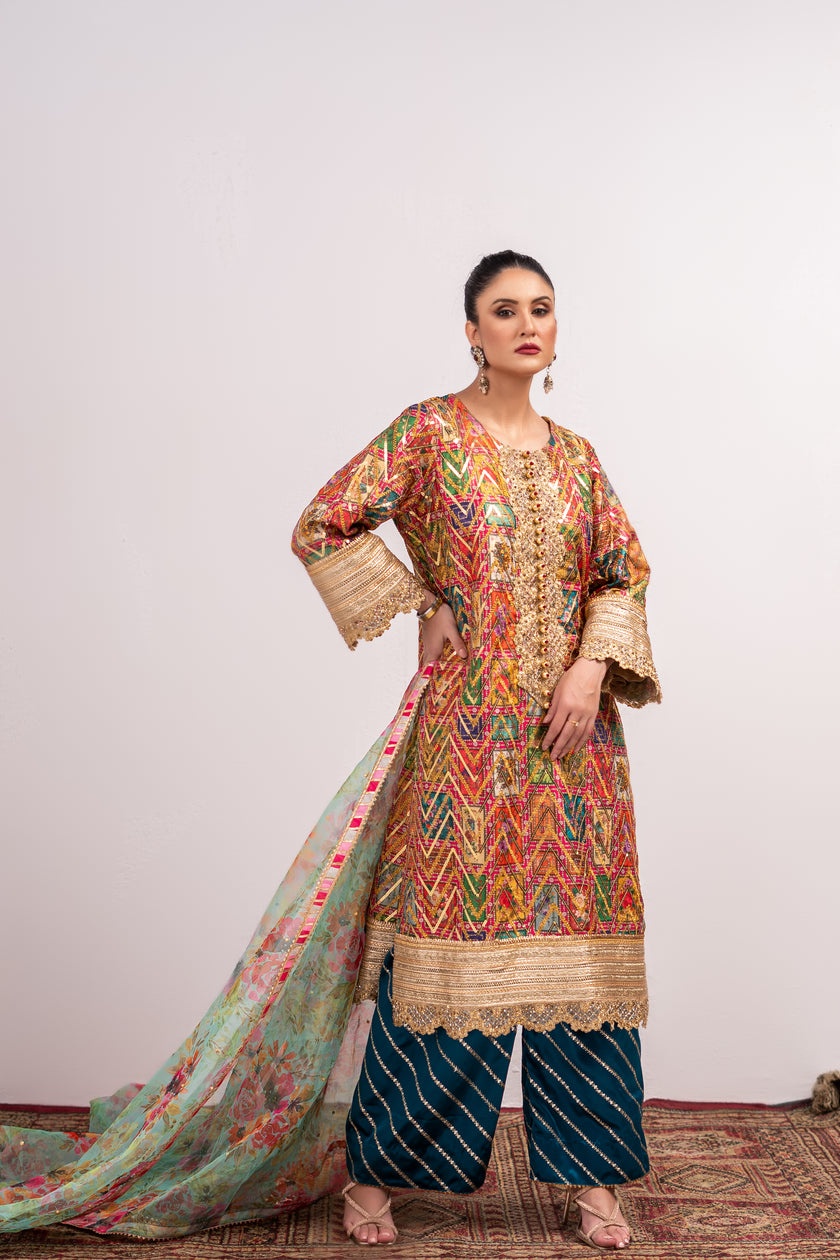 Multicolor Wide Leg Shalwar Kameez
