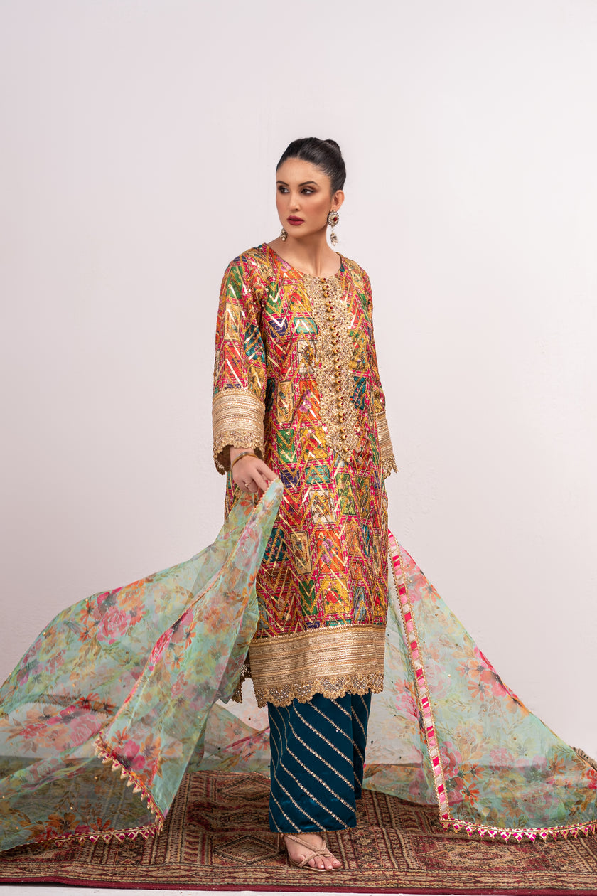 Multicolor Wide Leg Shalwar Kameez