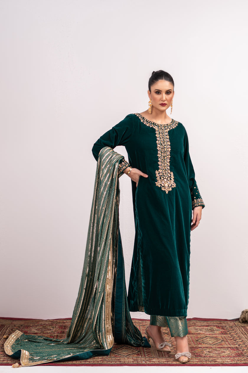 Green Velvet Shalwar Kameez