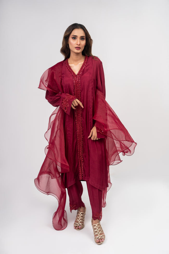 Maroon Raw Silk Suit