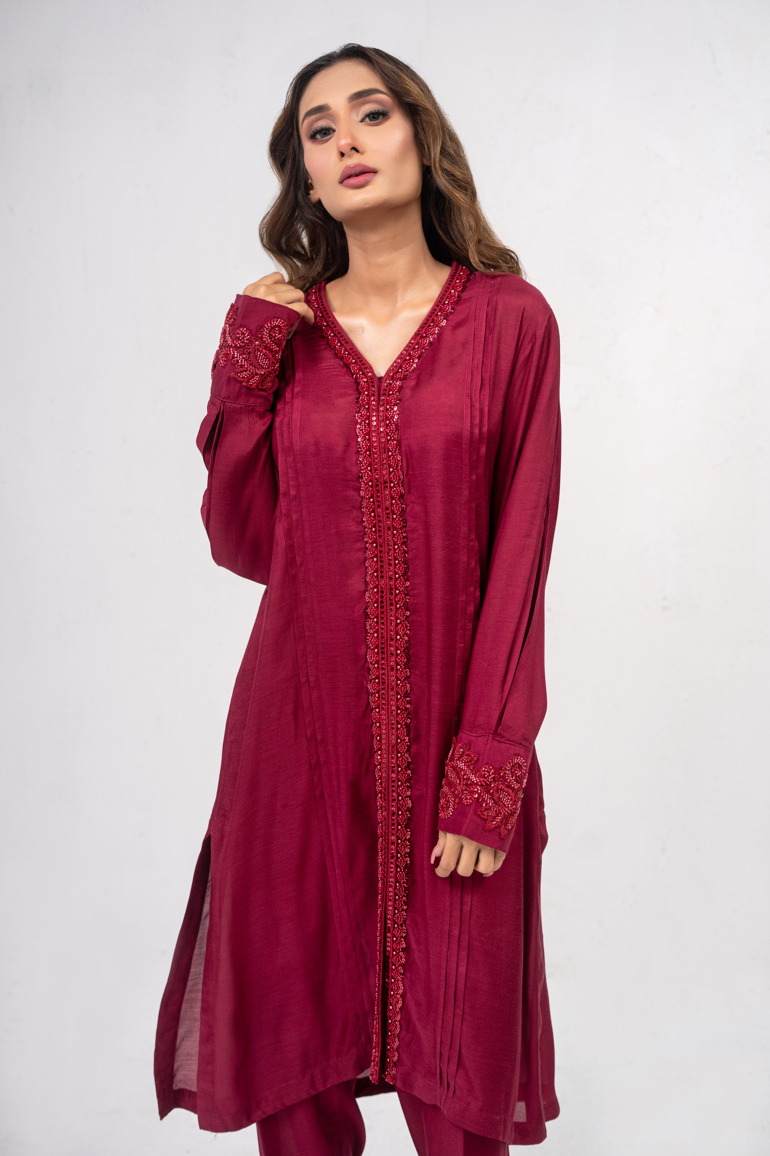 Maroon Raw Silk Suit