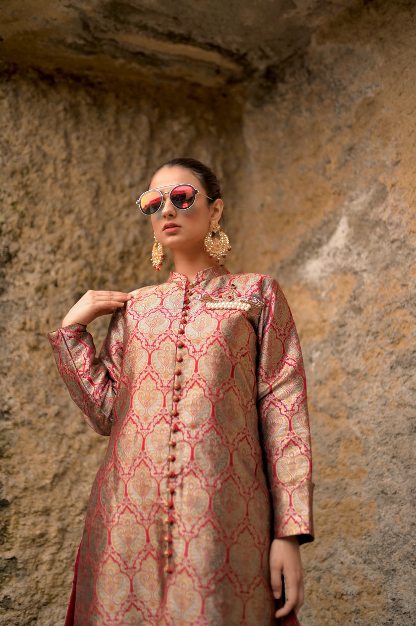 Red Gold Sherwani Style 3-Piece Suit