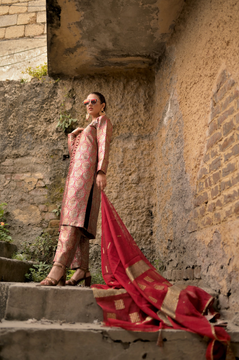 Red Gold Sherwani Style 3-Piece Suit