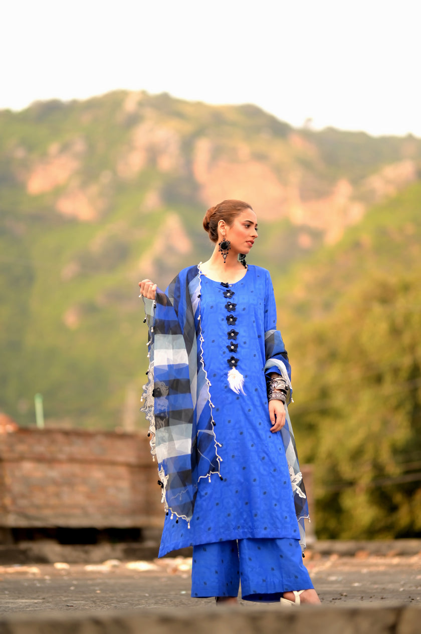 Blue Raw Silk 3-Piece Shalwar Kameez