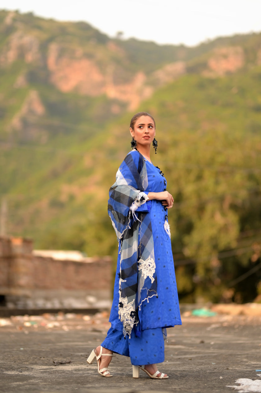 Blue Raw Silk 3-Piece Shalwar Kameez