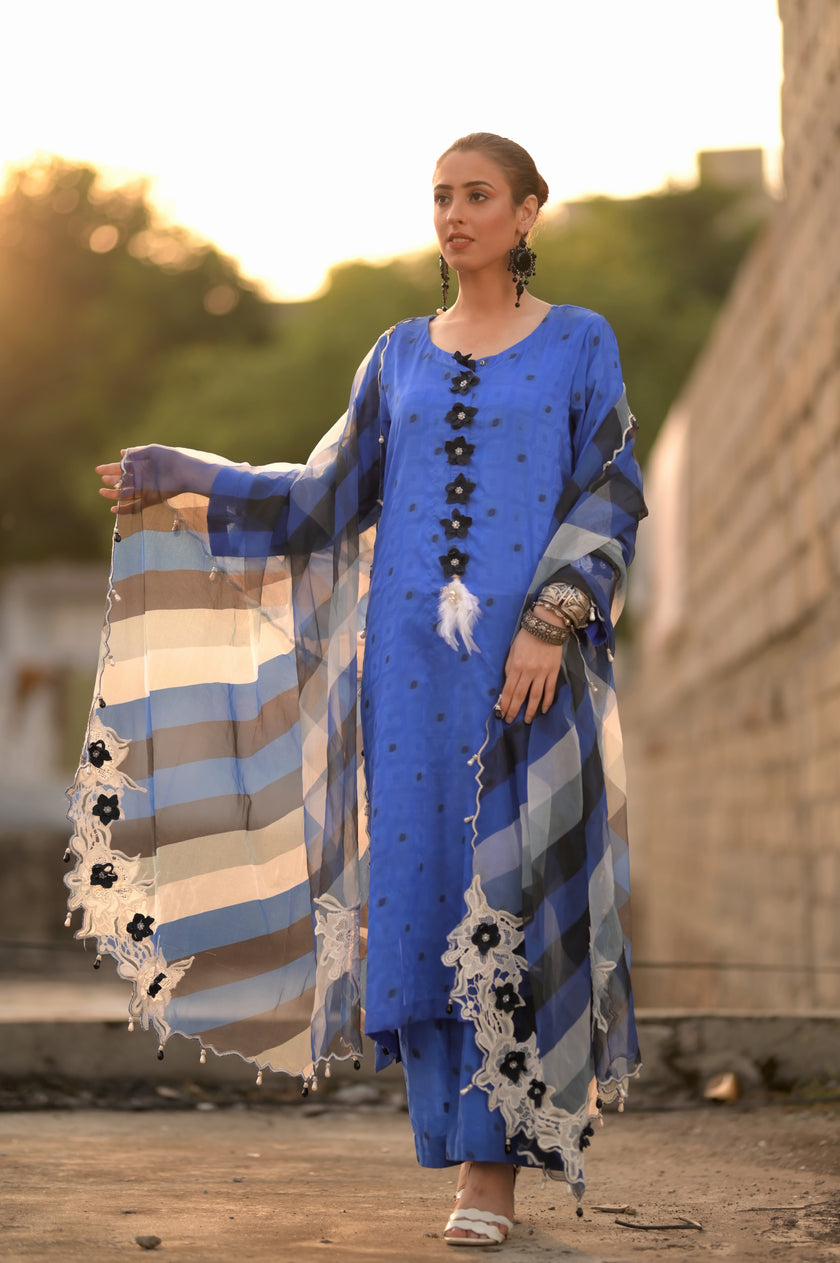 Blue Raw Silk 3-Piece Shalwar Kameez