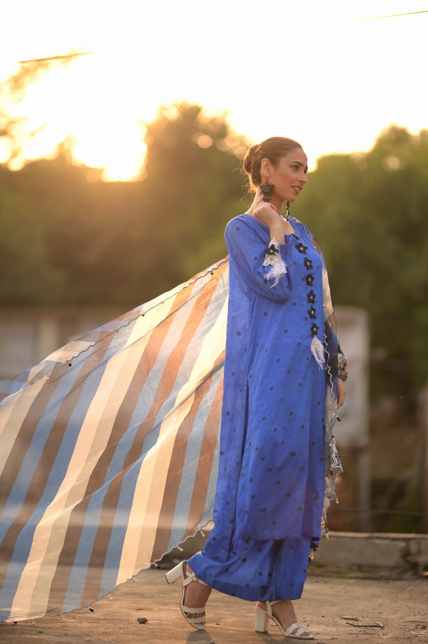 Blue Raw Silk 3-Piece Shalwar Kameez