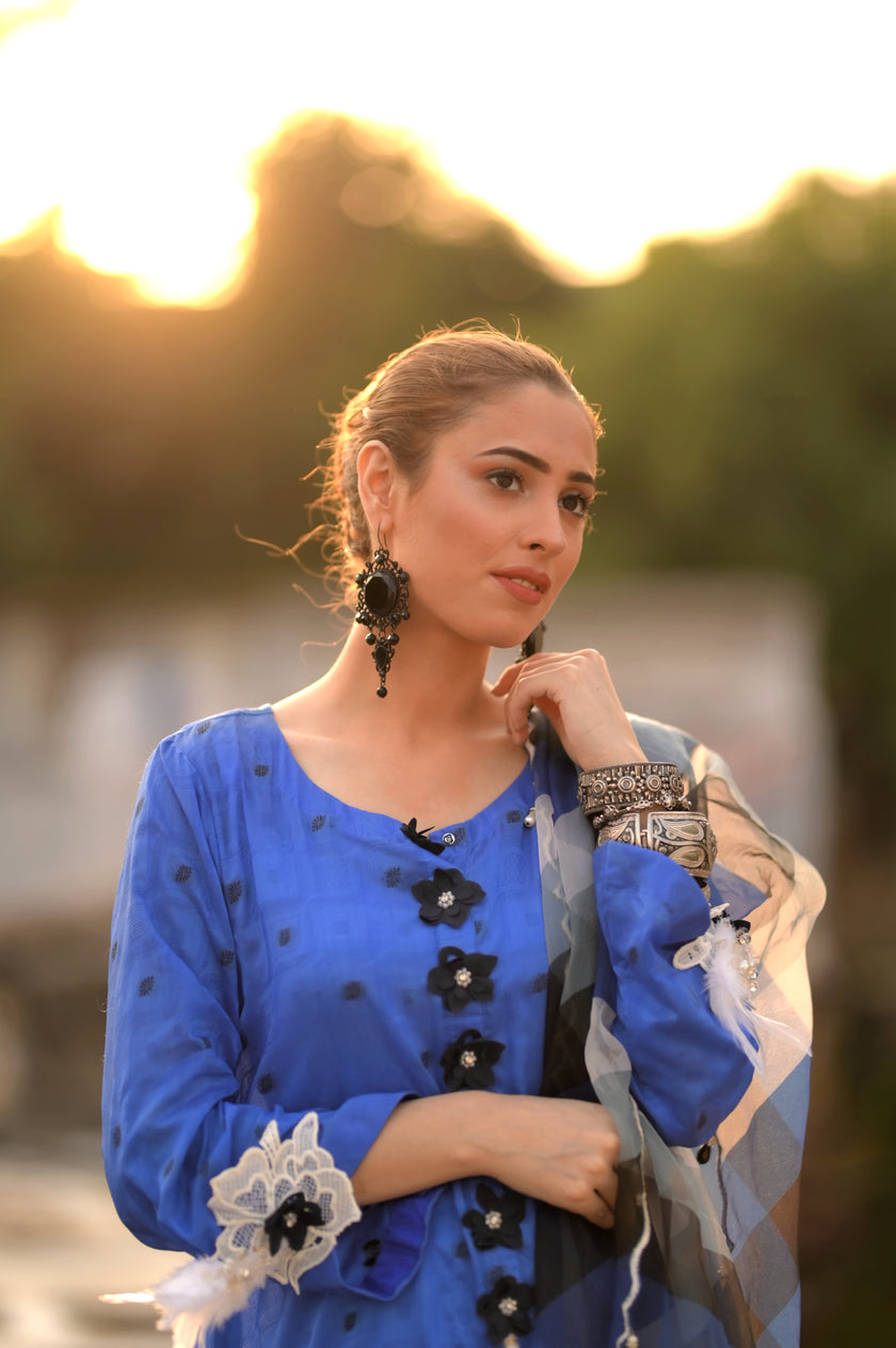 Blue Raw Silk 3-Piece Shalwar Kameez