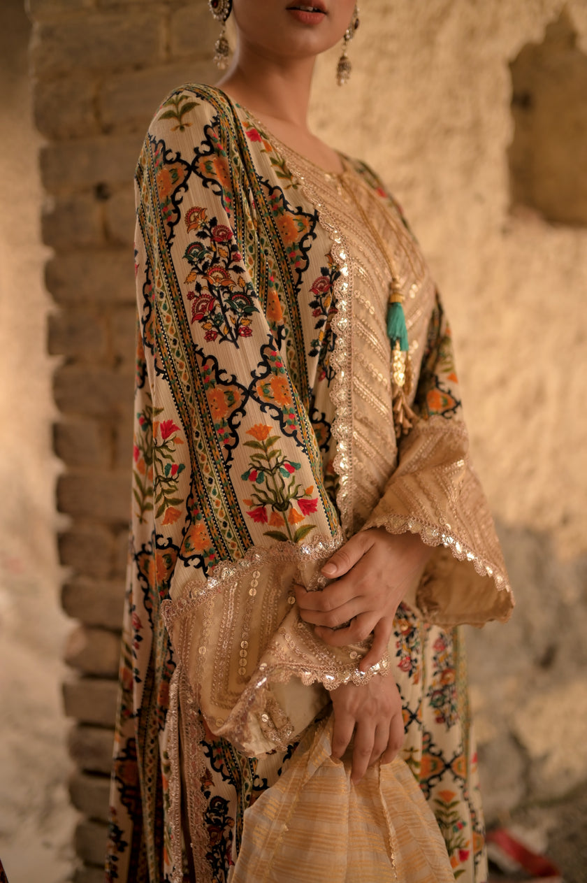 Beige Printed 3-Piece Suit