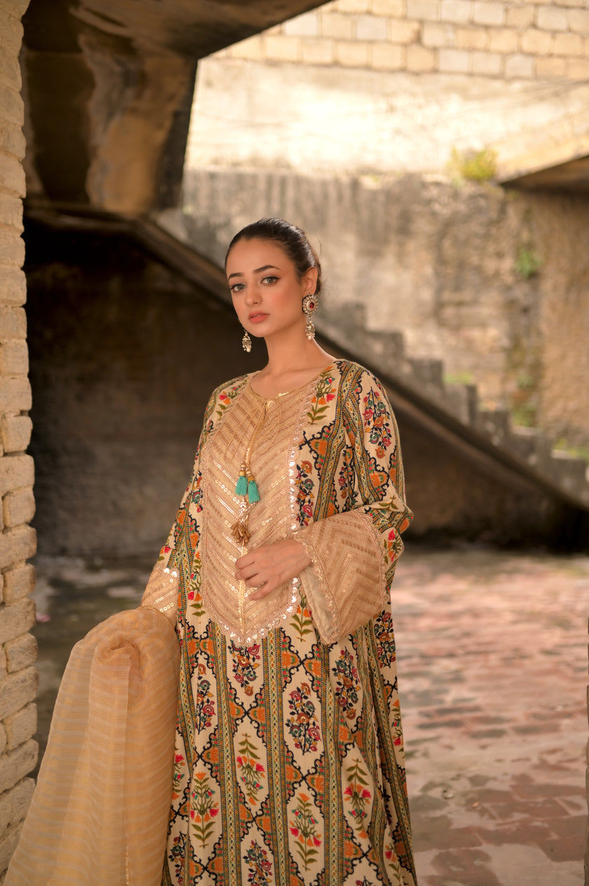 Beige Printed 3-Piece Suit