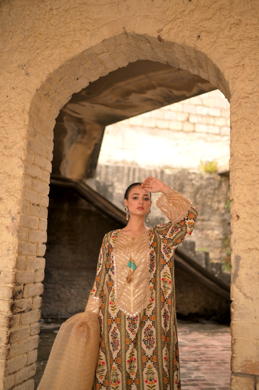 Beige Printed 3-Piece Suit