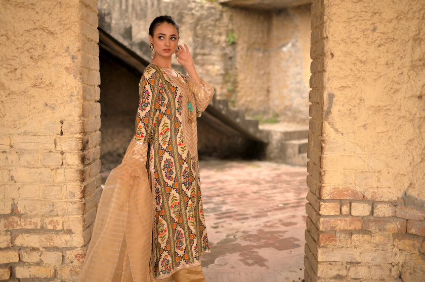 Beige Printed 3-Piece Suit