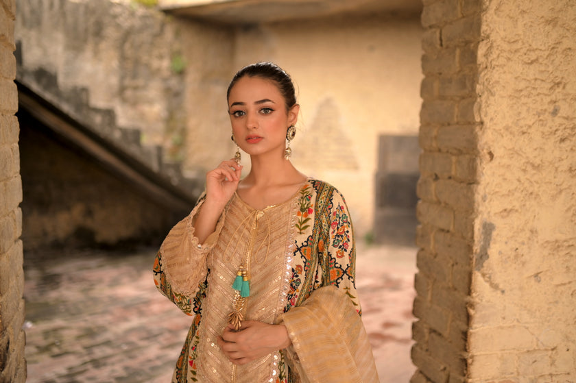 Beige Printed 3-Piece Suit