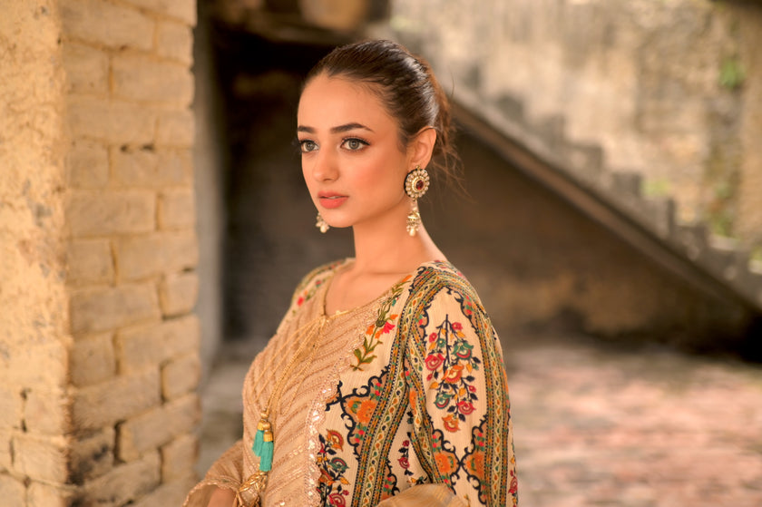 Beige Printed 3-Piece Suit