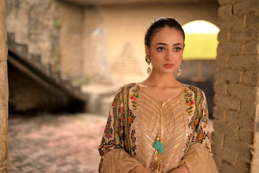 Beige Printed 3-Piece Suit