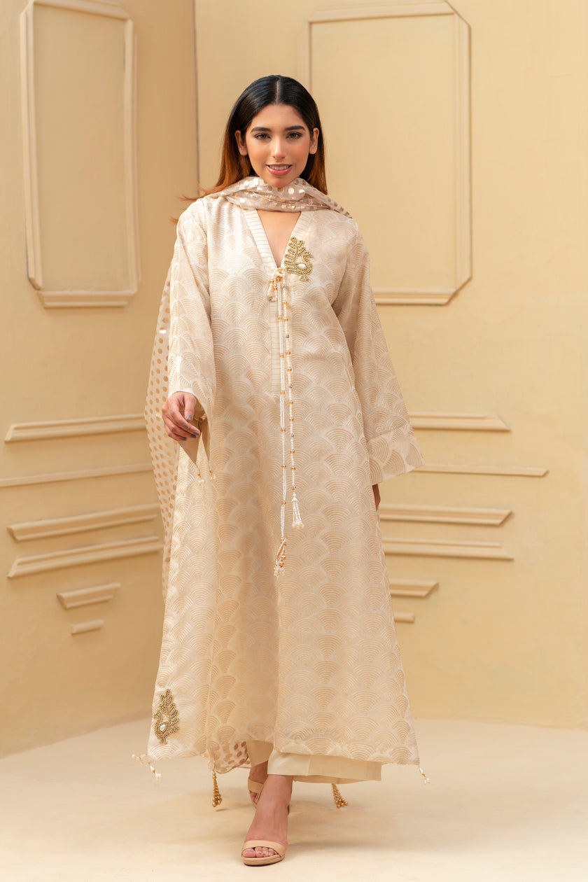 Beige Pearl Detail Shalwar Kameez