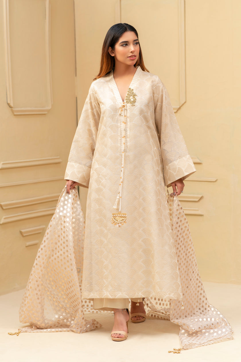 Beige Pearl Detail Shalwar Kameez
