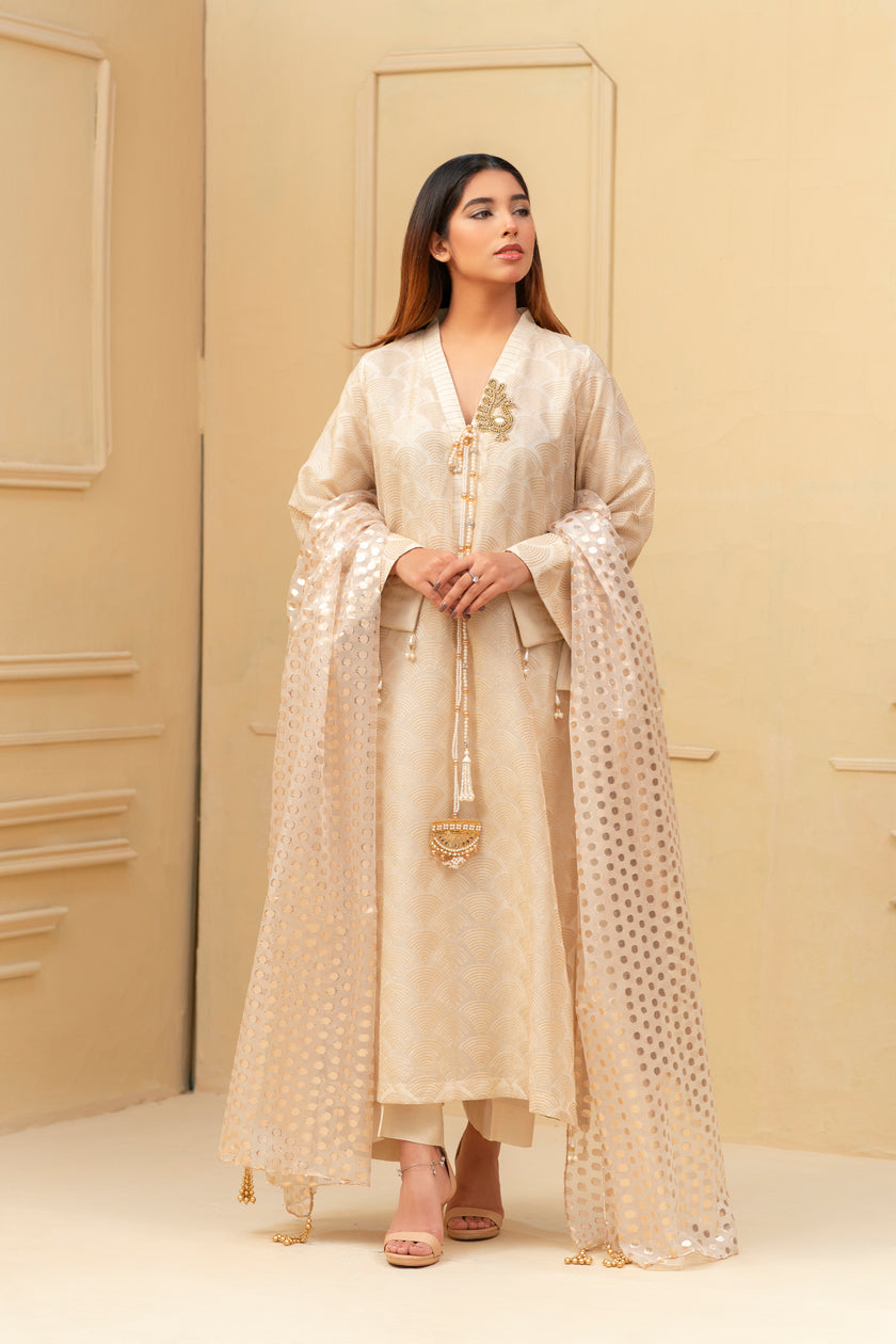 Beige Pearl Detail Shalwar Kameez