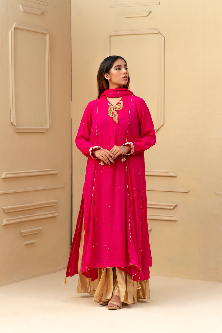 Bright Pink and Gold Wide Leg Shalwar Kameez