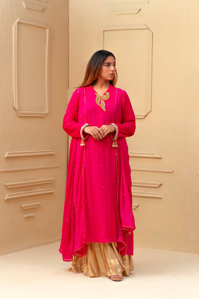 Bright Pink and Gold Wide Leg Shalwar Kameez