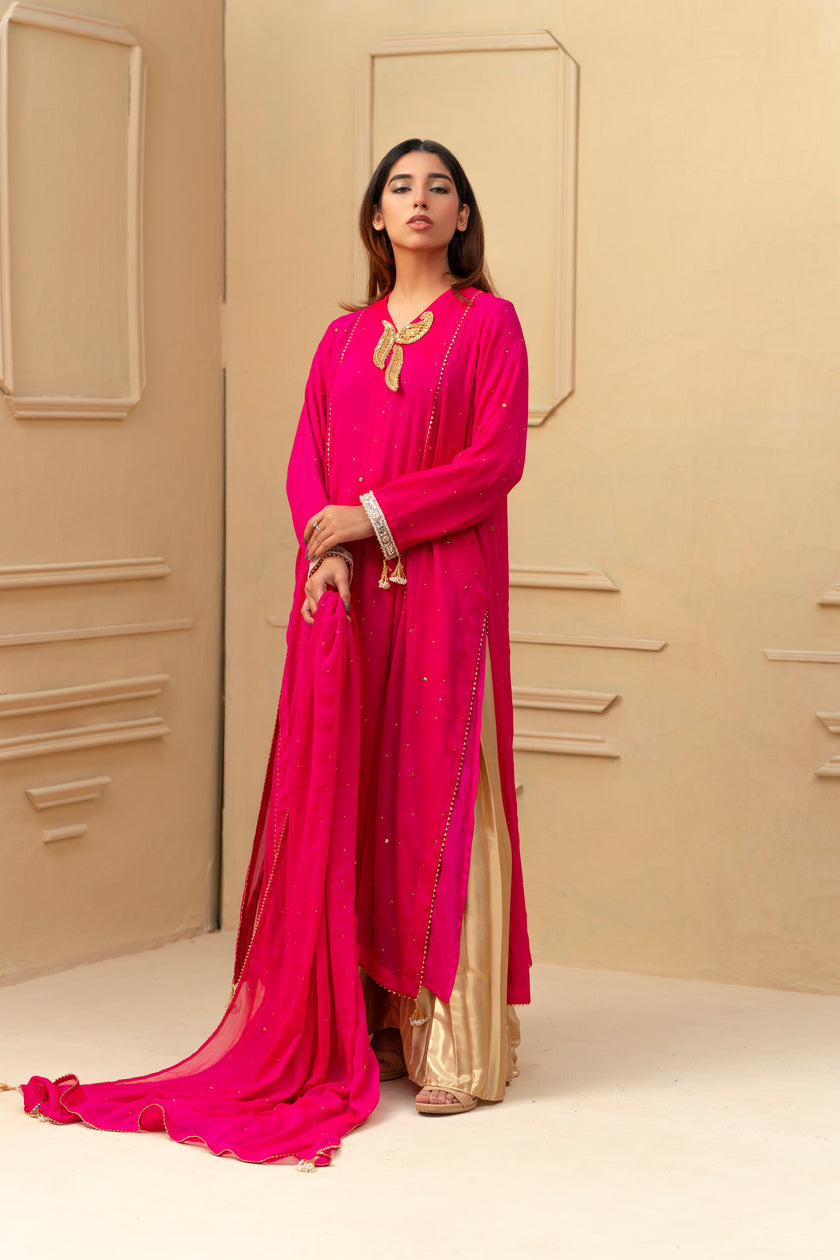 Bright Pink and Gold Wide Leg Shalwar Kameez