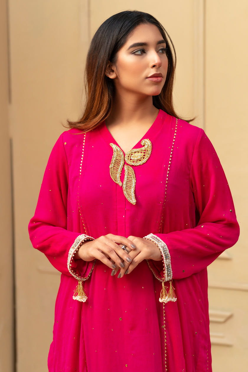 Bright Pink and Gold Wide Leg Shalwar Kameez