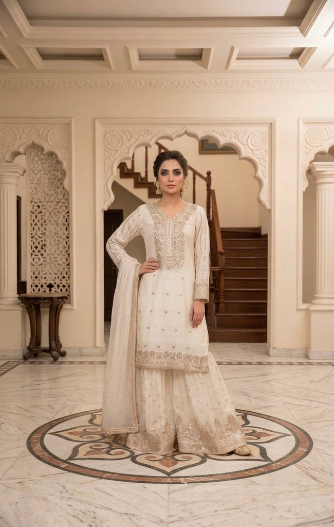 White Chiffon Gharara Suit