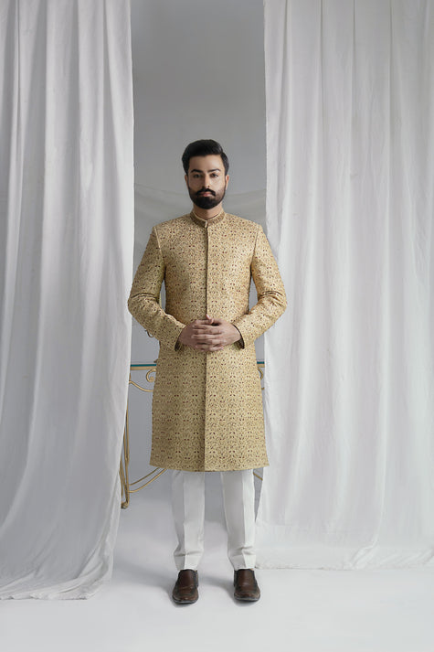 Collar Detail Gold Sherwani