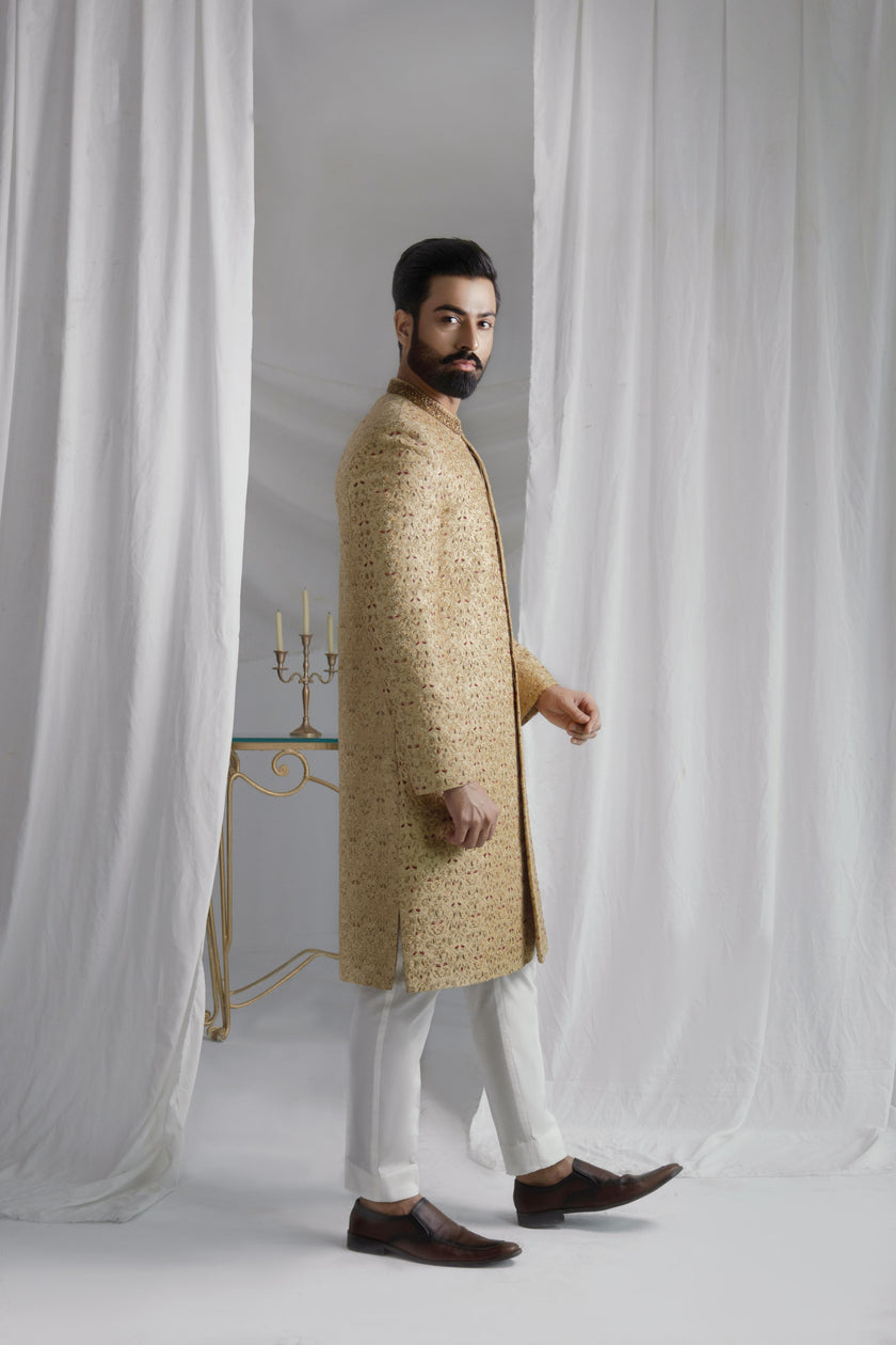 Collar Detail Gold Sherwani